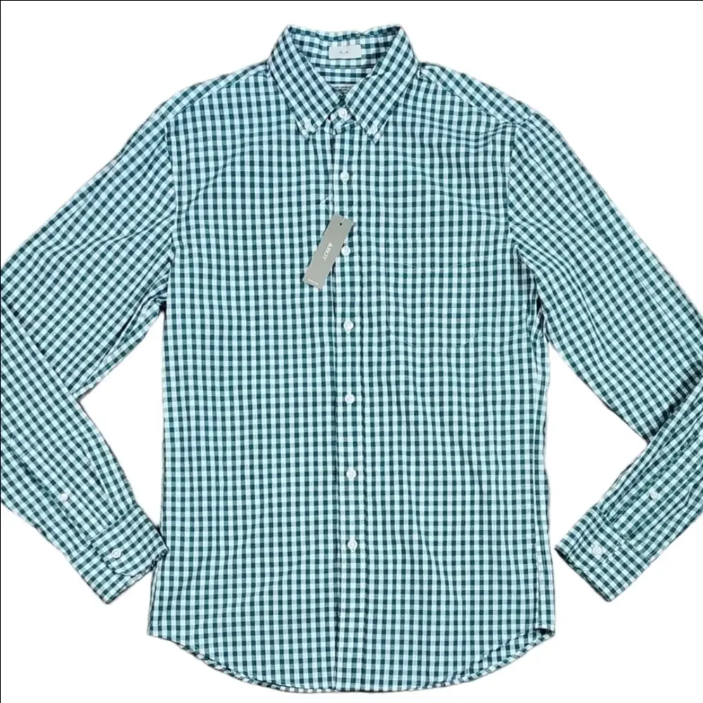 NWT J. Crew Green White Gingham Check Secret Wash Long Sleeve Button Down Shirt